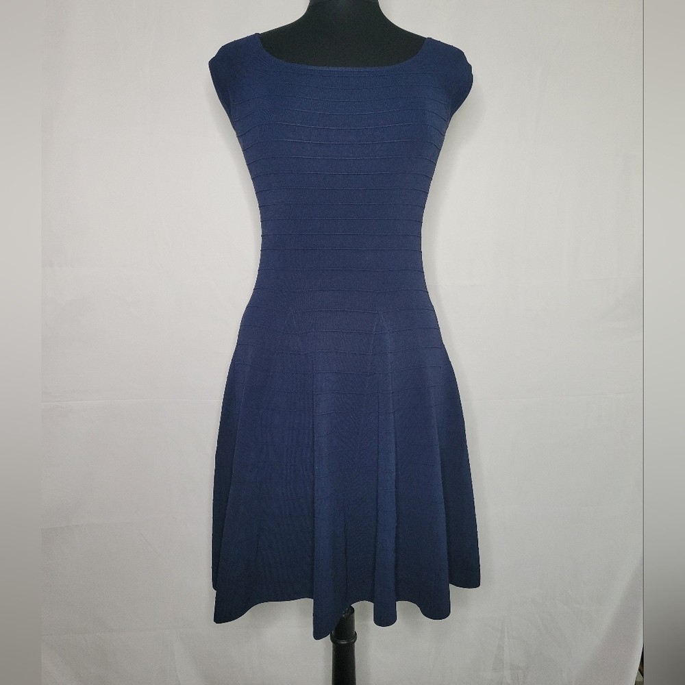 Donna Karan Navy Blue Midi A-Line Cap Sleeve, Flattering Fit, Flare Silhouette